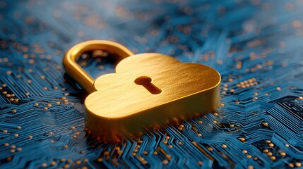 A golden lock shaped like a cloud rests on a blue circuit board background, representing secure cloud computing and data encryption. The image conveys modern cybersecurity concepts.