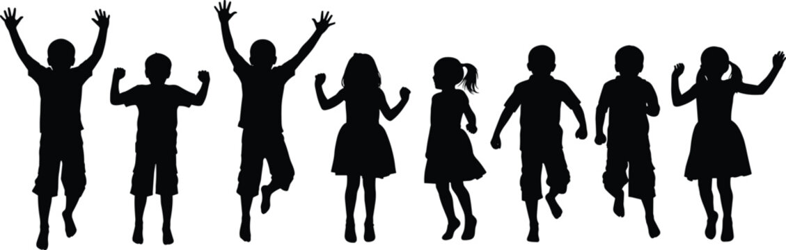 Silhouettes of happy children jumping and playing, energetic kids in motion, joyful group activity illustration perfect for fun, youth, recreation designs