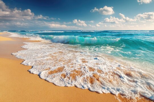Golden sandy beach with clear blue waters and gentle waves, featuring a serene sky with white clouds, illuminating the scene with warm tones and a tranquil horizon blending sea and sky