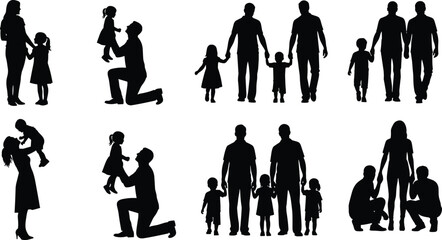 Collection of family silhouettes with parents and children, loving interactions, holding hands, lifting kids, strong family bonding illustration set for design use