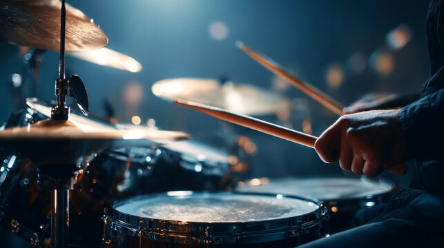 Close-up of the hands playing drums on stage, musical background. drums and drumsticks close up.