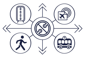 Centralized network diagram with icons for travel and technology vector illustration
