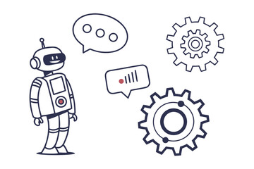 Cute Robot with Speech Bubbles and Gears on White Background artificial intelligence