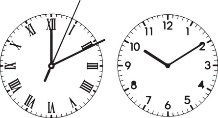 Two Analog Clock Faces with Roman and Arabic Numerals illustration