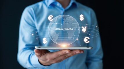 Businessman holds a tablet displaying a holographic globe and currency symbols, symbolizing global finance, economy, and trade