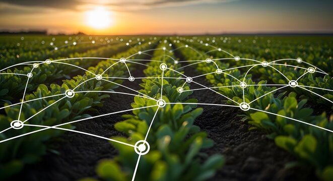 Smart agriculture networked sensors in crop field at sunset precision farming technology