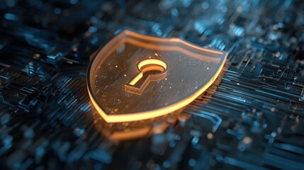A golden shield with a keyhole is set against a dark, intricate digital background, representing cybersecurity and data protection in the modern tech landscape.