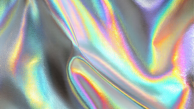 A shimmering holographic fabric displays vibrant rainbow colors across its crinkled, reflective surface. This abstract background showcases iridescent light play and futuristic texture.