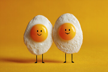 Two Fried Eggs with Cute Faces – Funny Food Characters on Yellow Background