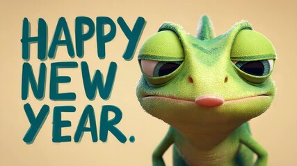 Grumpy cartoon chameleon with arms crossed a funny New Years greeting and welcoming perfect for social media posts