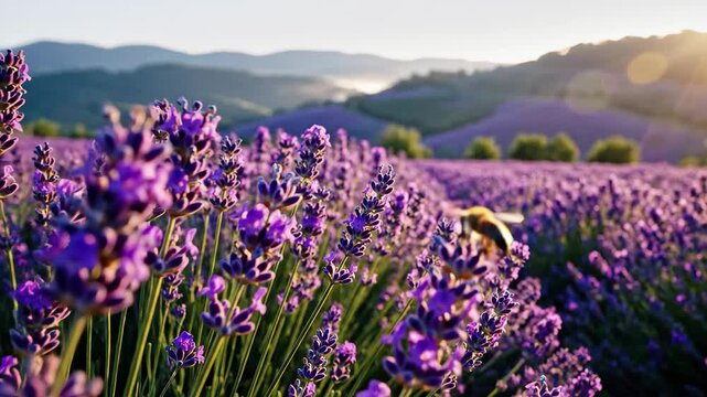 Gentle breeze sweeping across vibrant lavender fields at dawn, bee flying around flowers