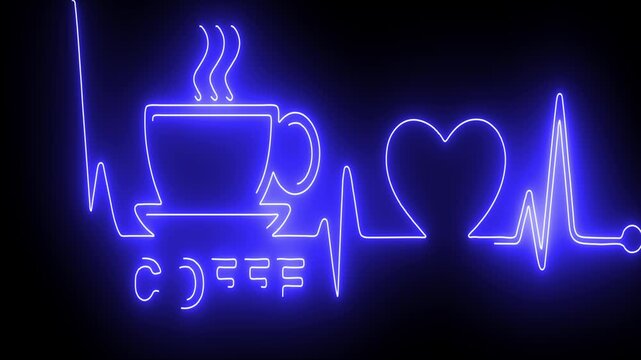 A blue neon light bulb sign illuminates a graphic vector illustration of a hot espresso drink mug in a cafe - Powered by Adobe