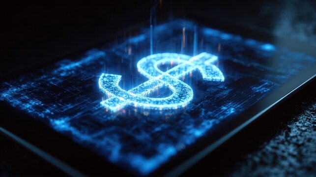 bright virtual currency, futuristic digital finance display, secure mobile banking with holographic dollar symbol, advanced fintech interface featuring glowing currency hologram and modern ui