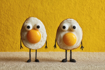 Two Fried Eggs with Cute Faces – Funny Food Characters on Yellow Background