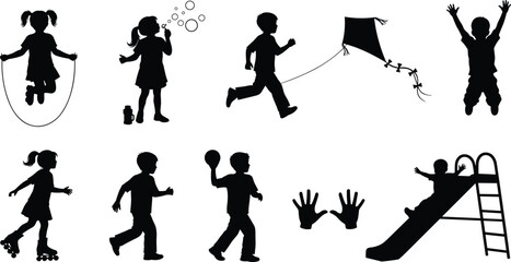 Silhouettes of children playing outdoors, active kids jumping, running, blowing bubbles, skating, flying kite, playground activities for fun, recreation, lifestyle themes