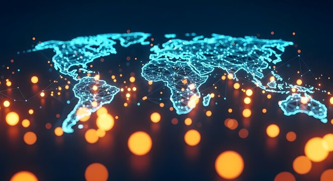 Digital world map with glowing dots global network and connectivity concept