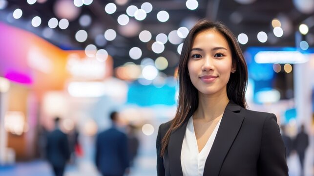 Business Woman at the Event: A confident woman with long dark hair, stands poised in a professional business attire with a genuine smile, embodying poise and expertise.