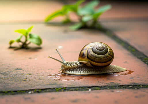 Garden snail crawling on wet brick path with green leaves nearby   - Powered by Adobe
