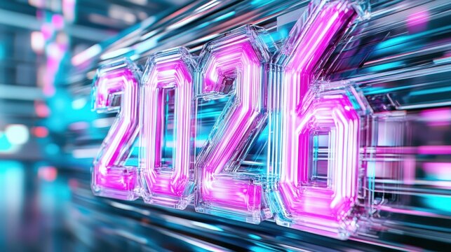 Vivid Vision of 2026: The future unfolds in a luminous display, with the year 2026 emblazoned in vibrant, three-dimensional characters, set against a backdrop of flowing light.