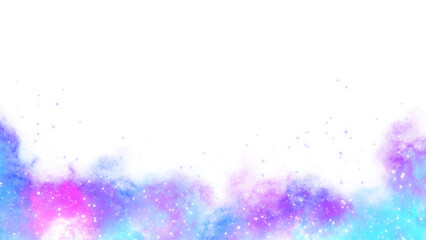 Purple blue pink watercolor galaxy with sparkles on transparent background. Clouds in vibrant purple, blue, pink, cyan, and magenta hues along the bottom edge. For overlay text, quotes, or graphic. © Iryna
