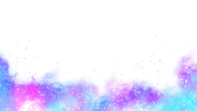 Purple blue pink watercolor galaxy with sparkles on transparent background. Clouds in vibrant purple, blue, pink, cyan, and magenta hues along the bottom edge. For overlay text, quotes, or graphic.
