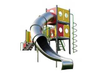 Colorful modern children's playground structure with metallic tube slide isolated on transparent background