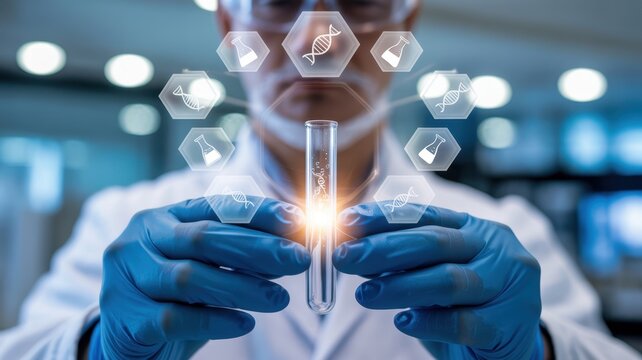 Scientist holds a glowing test tube, visualizing holographic dna and genetic symbols for advanced genetic research