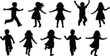 Children silhouettes running and jumping, playful kids in motion, energetic childhood activity scene, joyful movement illustration for creative project designs