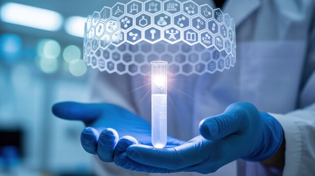 Scientist holding glowing test tube under futuristic digital display representing innovative biotechnology and medical research