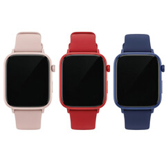 Three Square Smartwatches In Pink Red And Blue wearable technology gadgets