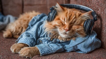 A fluffy orange cat naps on a couch, wearing large headphones and a denim shirt. The warm tones of the couch and the cat create a relaxed atmosphere in the living room.
