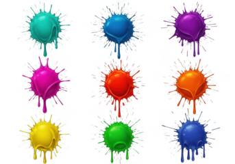 Vibrant colorful paint splatters with drips and splashes, fluid art collection isolated on transparent background