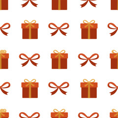 Christmas gift, seamless pattern with red present boxes and bows in warm festive colors, repeating holiday design suitable for packaging, wrapping paper, textiles and seasonal decorative projects.