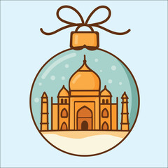Flat vector Christmas ornament with Taj Mahal inside a snow globe, winter holiday decoration.