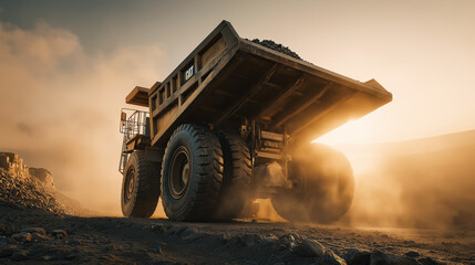Massive mining dump truck hauls heavy load across dusty terrain during golden hour