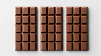 Fototapeta premium Three rectangular chocolate bars are neatly arranged, showcasing a smooth texture and evenly spaced squares, perfect for use in culinary blogs, advertising, or food packaging design,