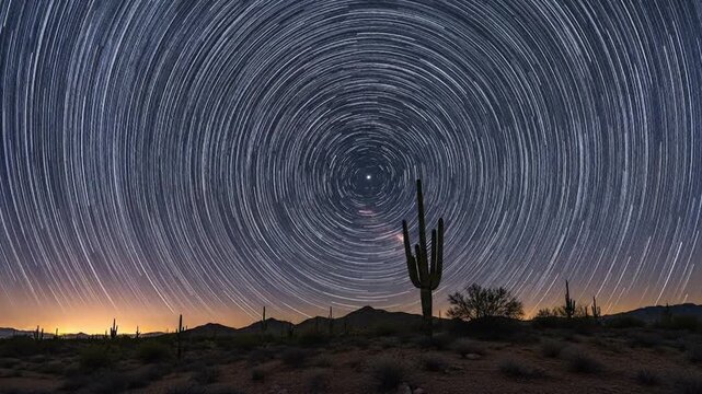Star Trails Over Desert Landscape with Saguaro Cactus at Night.
