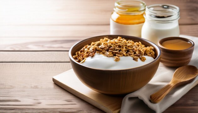 healthy breakfast bowl with granola and yogurt on wooden surface - Powered by Adobe