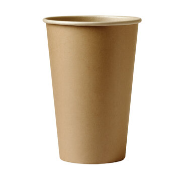 Tall brown paper cup with a rolled rim and a light beige edge isolated on a transparent background disposable cup