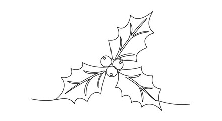 Elegant Continuous Line Drawing of Holly Branch for Holiday and Christmas Designs