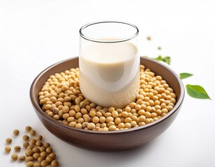 isolated soy milk and soybeans on a white backdrop ideal nutrition for plant based diets soybeans stand out as the prime choice during the vegetarian festivities aerial perspective image