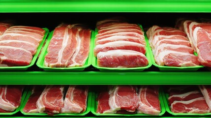 Fresh cuts of meat displayed on bright green trays in a refrigerated section, showcasing pork and beef options, Ideal for food-related articles, grocery store promotions, or culinary websites,