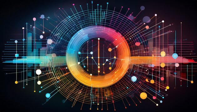 abstract financial data visualization with connected nodes and colorful overlapping circles - Powered by Adobe