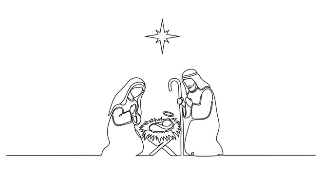 Simple line drawing representing the Nativity scene with Mary Joseph and baby Jesus