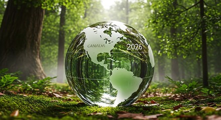 Symbolic transparent globe reflecting lush green forest and sunlight representing environmental protection and sustainable future