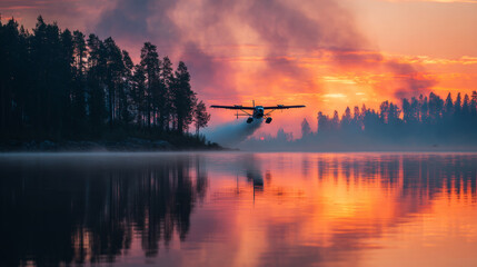Firefighting airplane with water from a lake to extinguish in a forest.