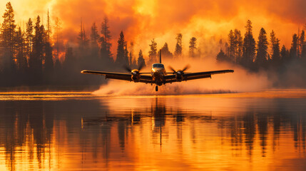 Firefighting airplane with water from a lake to extinguish in a forest.