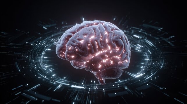 modern ai brain hologram visuals, advanced technological neural network projection system, hightech environment featuring luminous brain hologram illustrating intricate data and neural pathways - Powered by Adobe
