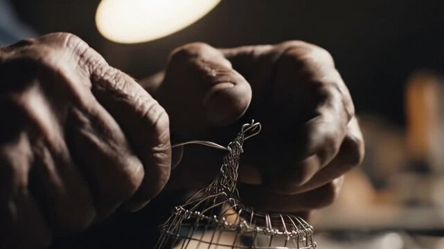 Anticipation Close-Up of Hand Twisting Wire Cage with Shallow DOF
