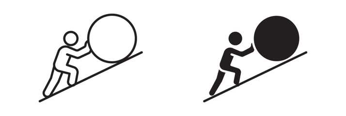 Man pushing a boulder uphill icon set in outline and silhouette style, representing struggle, persistence, hard work, and overcoming challenges, vector illustration.